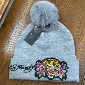 Ed Hardy Gray Beanie with Tiger and Pom. O/S.